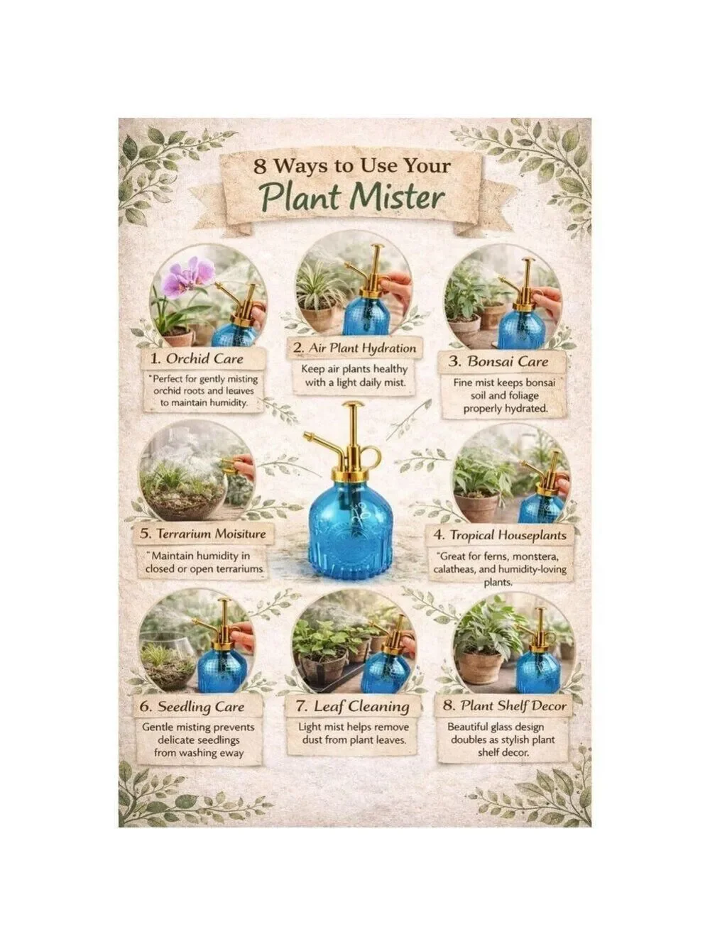 Blue Glass Plant Mister Spray Bottle Gold Pump Orchid Bonsai Air Plant
